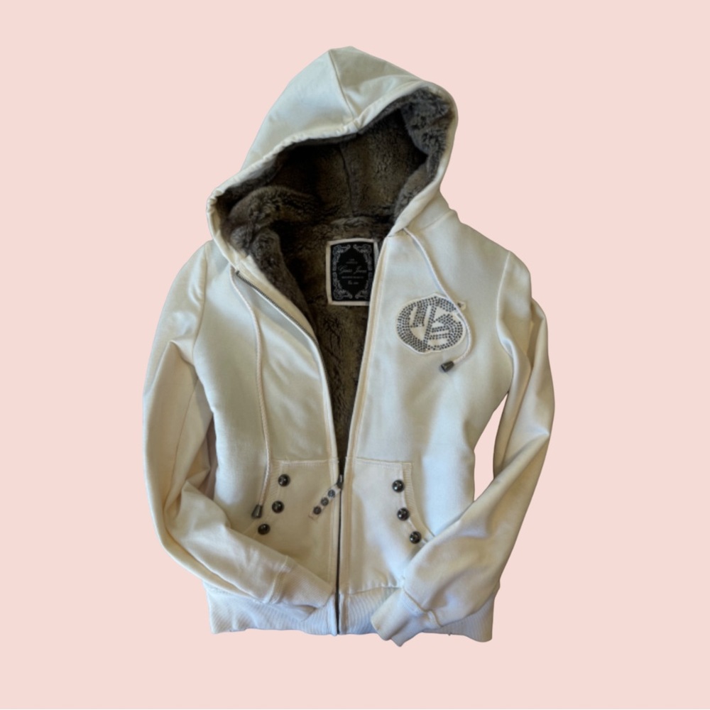Y2K GUESS WHITE FUR-TRIM BLINGED OUT ZIP-UP JACKET / HOODIE